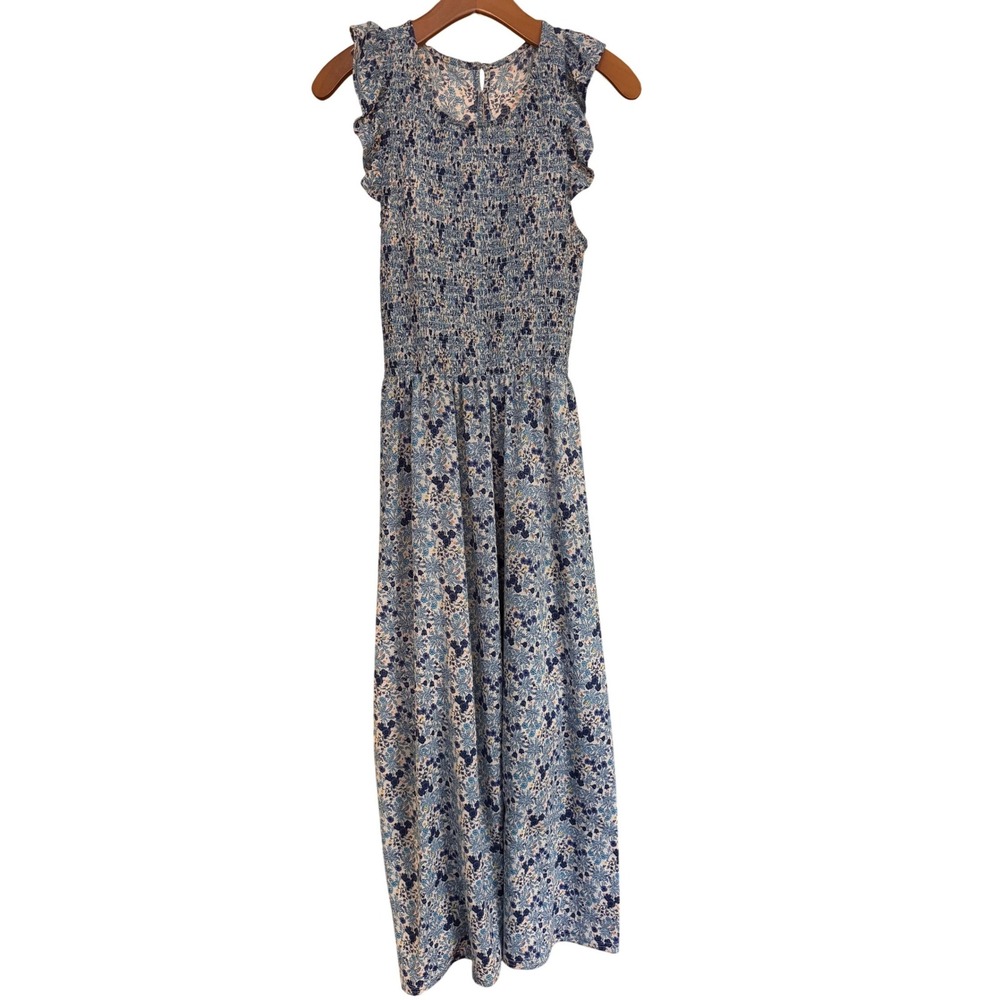 Code Mode Blue Floral Smocked Maxi Dress Ruffle‎ Cap Sleeve Pockets Womens M